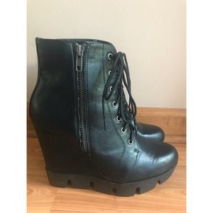 Mia Black Leather Wedge Booties
